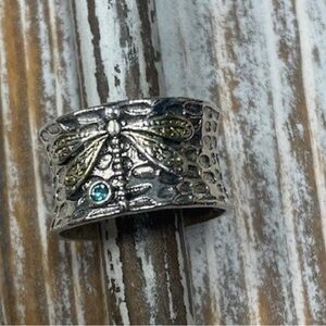 Silver Dragonfly Ring with Blue Gemstone